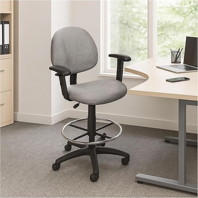 Benzara Jea Drafting Stool Chair, Adjustable, Gray Tweed, Round Footring