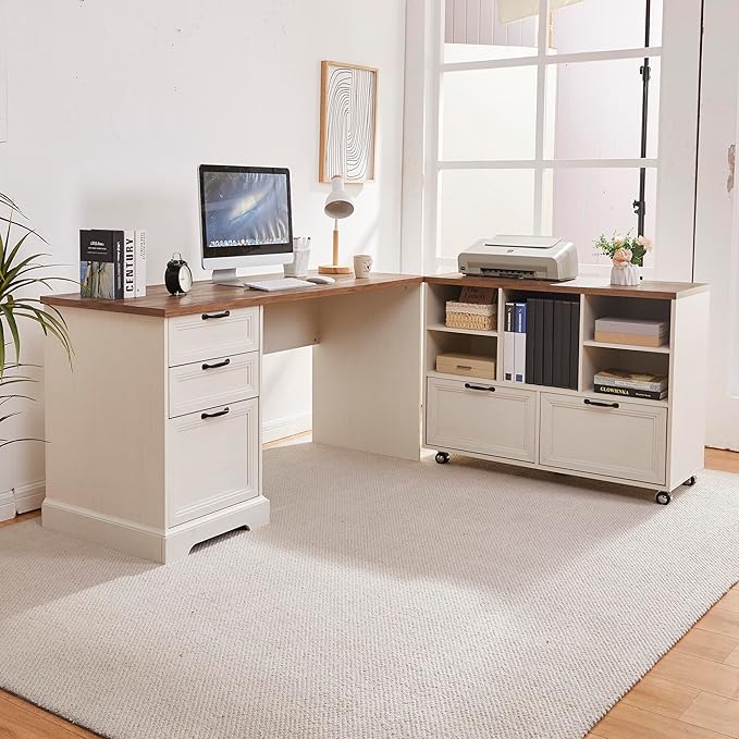 60"L-Shaped Executive Desk with 40"Adjustable File Cabinet,Farmhouse Home Office Desk with Charging Station,Office Desk with Storage Drawers,Wood Computer Desk Set for Office Work,Home Study