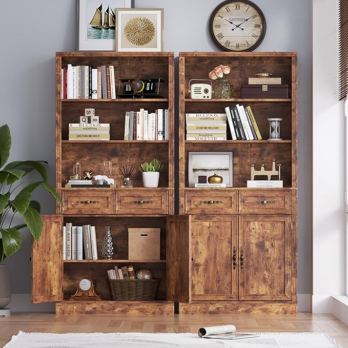 BORNOON 70.1" Tall Bookshelf with Drawers & Cabinet, 5-Tier Floor Standing Bookcase with Storage Doors, Adjustable Shelves & Metal Handles, 31.5" Wide Organizer for Home Office, Living Room