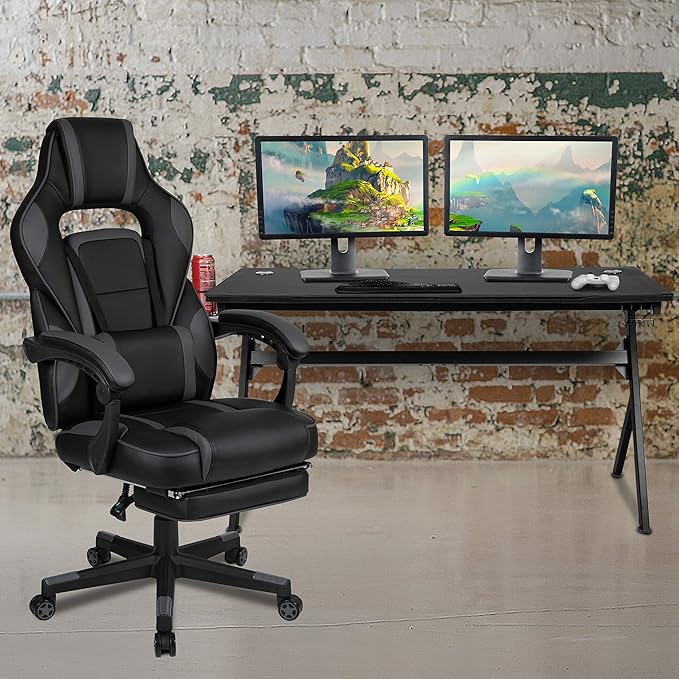 Flash Furniture Optis Gaming Desk with Cup Holder/Headphone Hook/Removable Mousepad Top & Black Reclining Back/Arms Gaming Chair with Footrest