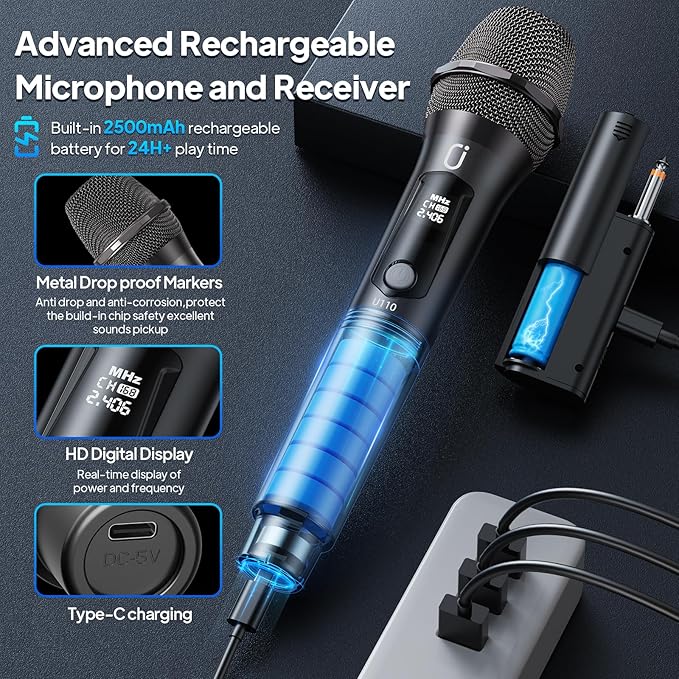 Wireless Microphones, Two Rechargeable Bluetooth 5.3 Microphones for Karaoke Singing, Rechargeable Dynamic Mic System with Receiver for Church, Party, Meeting, Speech, PA System, Plug and Play (Gray)