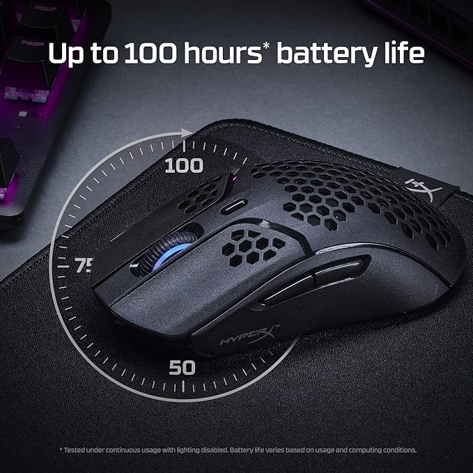 HyperX Pulsefire Haste Wireless Gaming Mouse Ultra Lightweight 61g 100 Hour Battery Life, Honeycomb Shell, 16000 DP,I 6 Programmable Buttons, HyperX NGENUITY, for PC, PS4, Xbox Series, Black (Renewed)