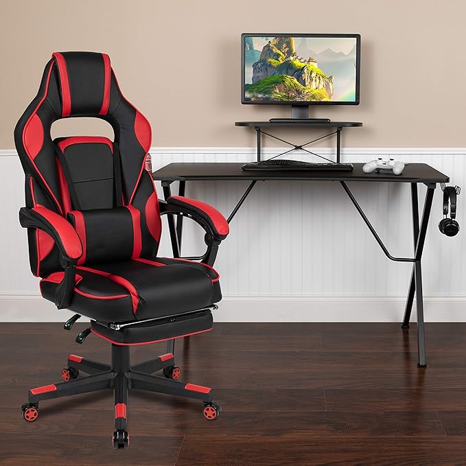 Flash Furniture Optis Black Gaming Desk with Cup Holder/Headphone Hook/Monitor Stand & Red Reclining Back/Arms Gaming Chair with Footrest