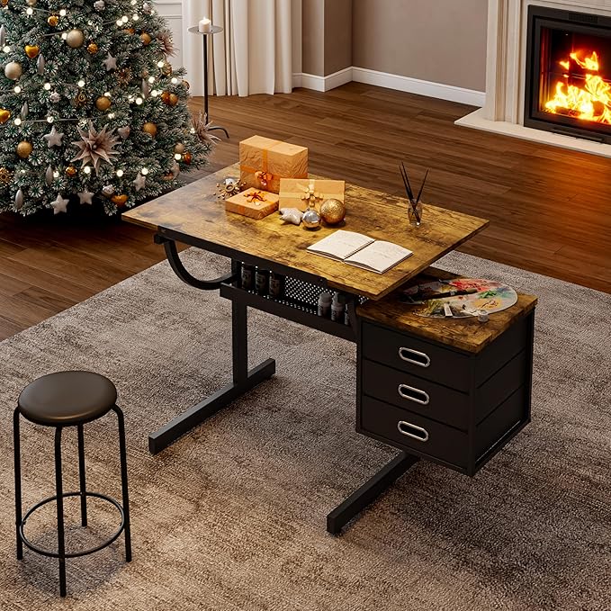 Drafting Table Art Table Adjustable Drawing Table Tilted Tabletop, Craft Table, with Storage Drawers and Stool, Crafting Desk with Storage for Painting Diamond Reading Writing Study (Black A)