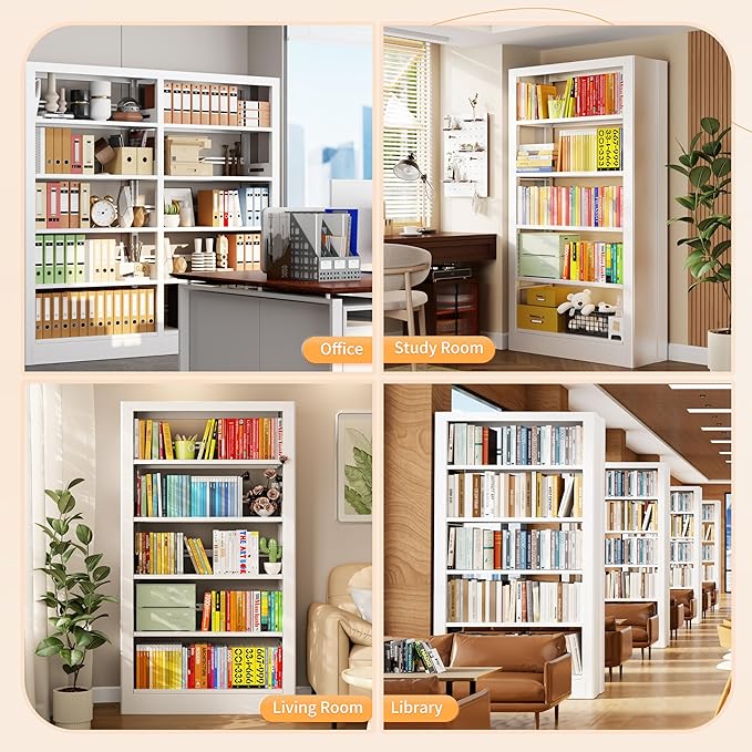 5-Tier Bookcase with Adjustable Storage Shelves, Metal Bookshelf with Book Stopper, Bookcase Shelf for Library, Office, Living Room (White-2)