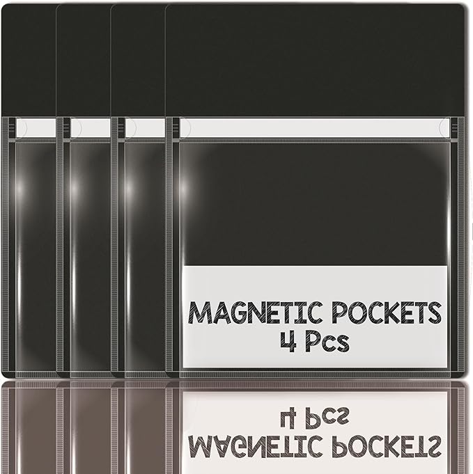 IMAGAME Magnetic Pocket 4 Pack – Self-Adhesive Magnetic Storage Pouch for Documents, Notes & Tools, Strong Magnet Backing for Fridge, Whiteboards, and Metal Surfaces (Black 4Pcs)