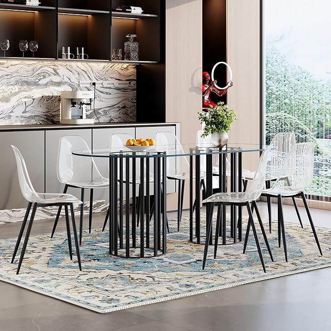 Table and chair set.71 inch oval tempered glass dining table,black double column light luxury style. Paired with 8 Transparent Plastic Chairs with Black Metal Legs. Accurate size, suitable for 8 peo