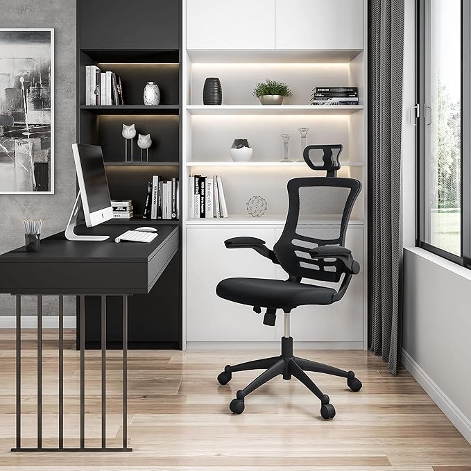 Techni Mobili Modern Ergonomic High-Back Office Chair, Executive Mesh Home Office Chair with Adjustable Headrest & Flip Up Arms, Black , 49.5" x 26.37" x 26.37"
