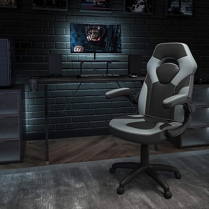 EMMA + OLIVER Black/Gray Gaming Desk Set with Headphone Hook, and Monitor Stand