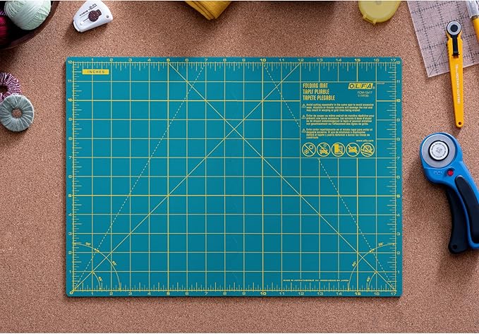 OLFA 12" x 17" Folding Cutting Mat (FCM-12x17) - Self Healing 12x17 Inch Foldable Rotary Mat with Grid for Quilting, Sewing, Fabric, & Crafts, Use with Rotary Cutters & Fixed Blade Knives (Green)