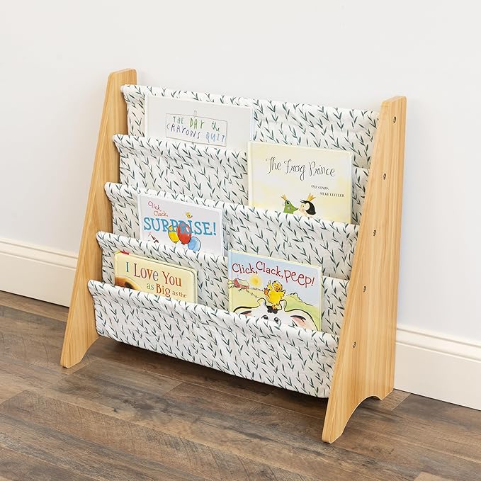 Humble Crew 4-Tier Kids Bookshelf, Natural/White/Green - Premium Book Shelf for Kids Rooms with Four Deep Pockets - Toddler Sling Book Rack with Deep Sleeves, Nursery Bookcase Organizer