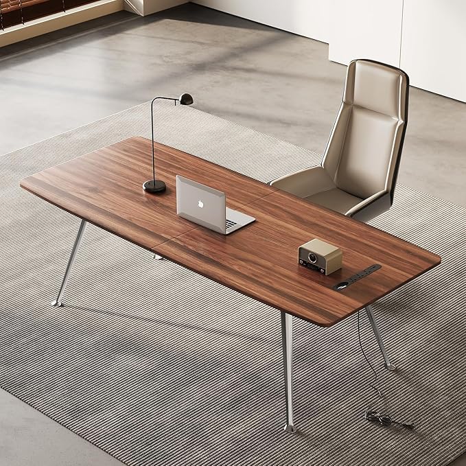 60-Inch Executive Desk, Computer Office Desk Workstation with Chrome-Plated Legs and Built-in Power Outlet, Writing Table Business Furniture, Modern Minimalist Style for Home Office, Walnut Brown