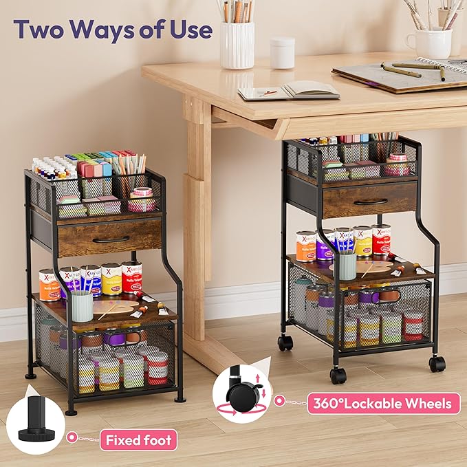SWTYMIKI Rolling Under Desk Storage - Utility Cart with Drawers & DIY Divider - Art Cart Organizer on Wheels - Craft Storage Drawers Rolling Cart for Office, Craft Room & Studio Espresso