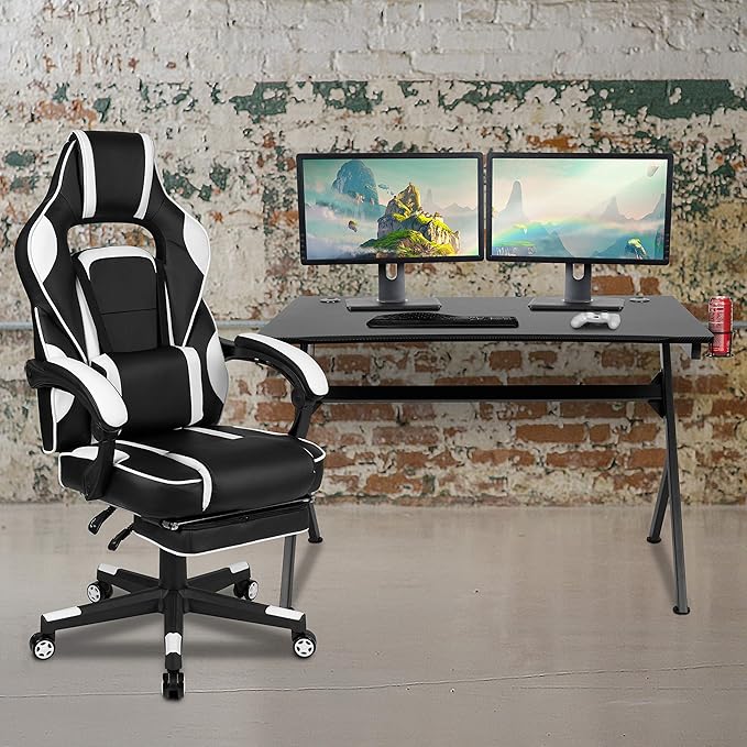 EMMA + OLIVER Black/White Gaming Desk Set - Cup/Headset Holder/Reclining & Footrest