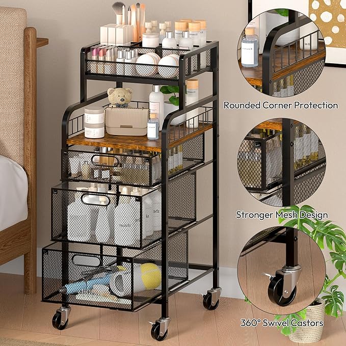 SWTYMIKI Office Rolling Cart with 3 Drawers - Metal Utility Cart with Wood Shelf, DIY Divider and Locking Wheels, Craft & Art Cart Organizer for Under Desk Storage for Home Office Studio, Espresso