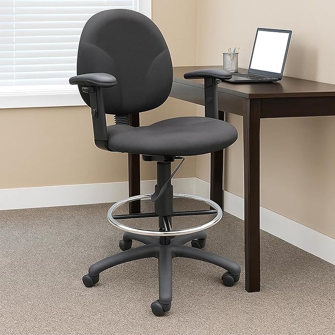 Benzara Zem Drafting Stool with Adjustable Arms & Chrome Footring, Black Crepe