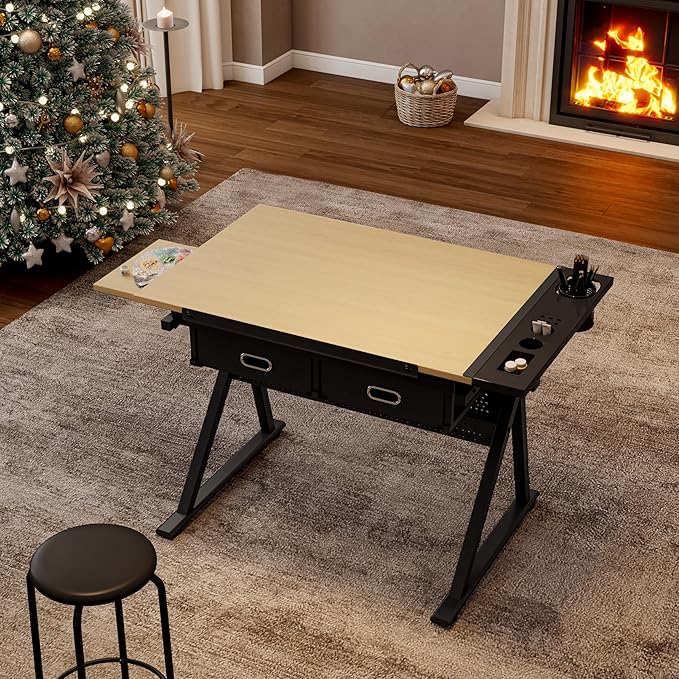 Height Adjustable Drafting Table Art Desk for Adults, Tilting Tabletop Drawing Table w/Extra Large Desktop,2 Drawers and Stool, Multi-Functional Tilting Drawing Desk for Home Office Artist, Study,Oak