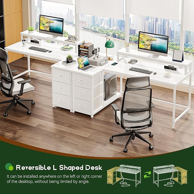 EnHomee L Shaped Gaming Desk with Drawers & Power Outlet, Small Computer Desk with LED Lights, Reversible White Office Desk with Monitor Stand for Gaming,Study Room,Home Office,Bedroom,White