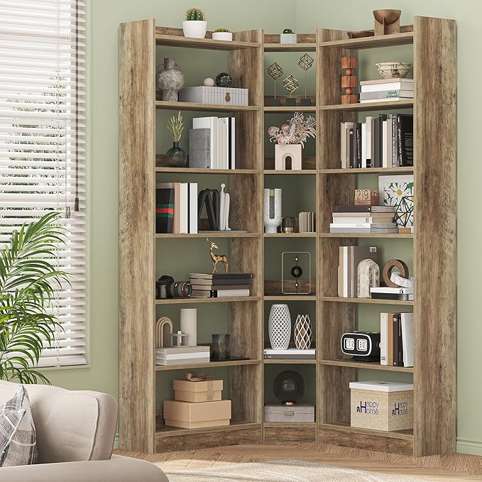 Semoic 70.8" Tall Corner Bookshelf, 7 Tiers Large Etagere Bookcases with Baffles, L-Shaped Modern Storage Display Rack Industrial Bookshelves for Bedroom, Home Office, Living Room & Kitchen, Brown