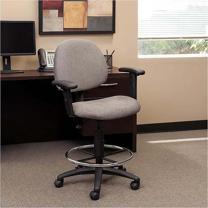 Benzara Jea Drafting Stool Chair, Adjustable, Gray Tweed, Round Footring