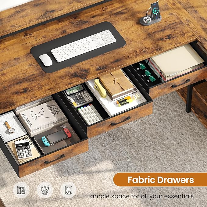 SEDETA 55" L Shaped Desk with Hutch, Corner Computer Desk with Drawers & Shelves, Reversible L Shaped Gaming Desk with Power Strip & LED Lights, Monitor Stand, Headphone Hook, Rustic Brown