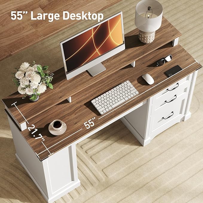 RALGEND 55'' Farmhouse Executive Desk with Drawers, Computer Desk with File Cabinet and Side Bookshelf, Writing Gaming Desk with Monitor Stand & Charging Station, White and Walnut