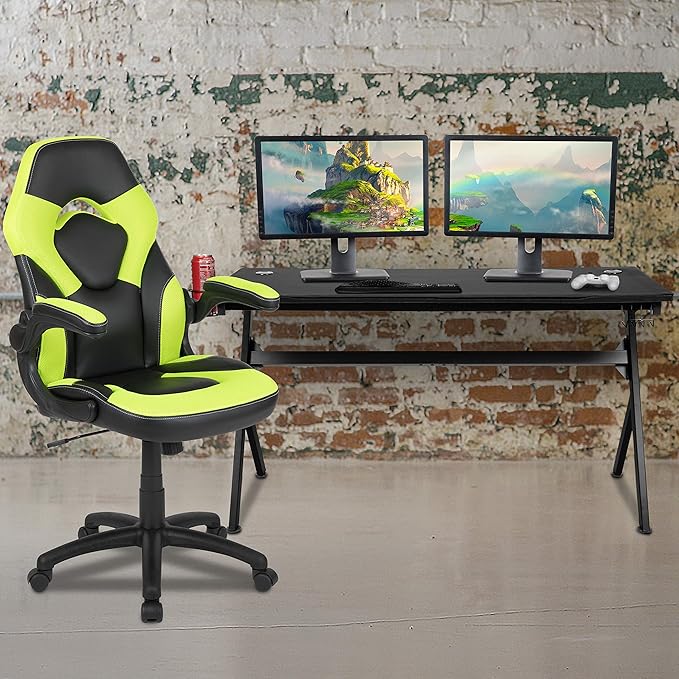 Flash Furniture Gaming Desk and Green/Black Racing Chair Set /Cup Holder/Headphone Hook/Removable Mouse Pad Top - 2 Wire Management Holes