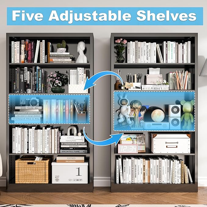 55" Tall Metal Bookshelf, Heavy Duty Black Bookshelf with 4 Adjustable Storage Shelves, Large Deep Bookcases for Office, School, Home, Bedroom, Library