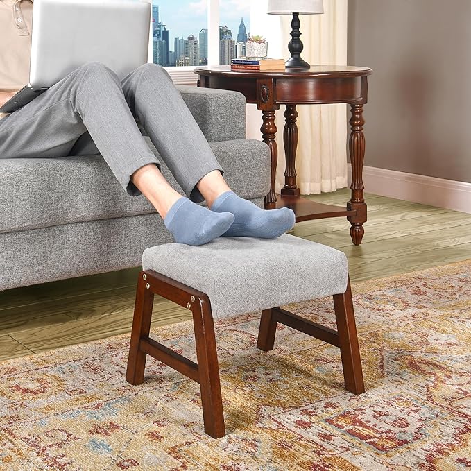 Small Footstool Ottoman, 11.8" H Fabric Wooden Foot Rest Ottoman with Wood Legs, Small Foot Stool Sofa Footrest Extra Seating for Living Room Entryway Office, Light Grey