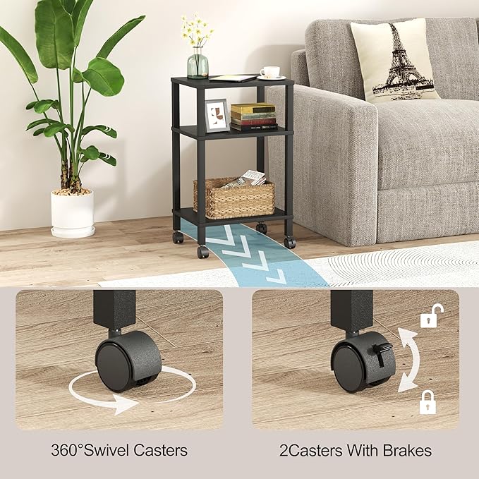 3-Tier Printer Stand with Storage, Mobile Printer Cart with Rolling Casters and Adjustable Feet, Under Desk Storage Shelf for Home Office, Black, 15.7" x 11.8" x 25.9"