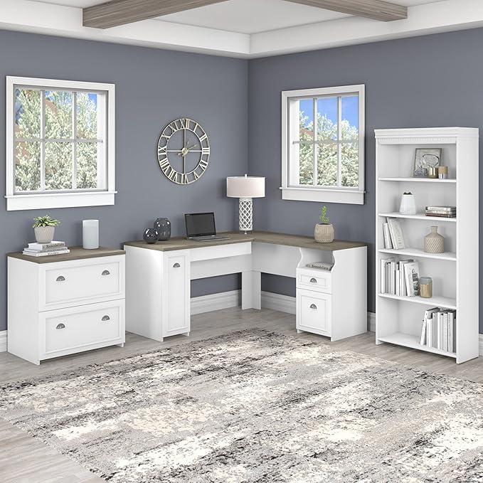 Bush Home Fairview 60W L Shaped Desk with Lateral File Cabinet and 5 Shelf Bookcase in Pure White and Shiplap Gray