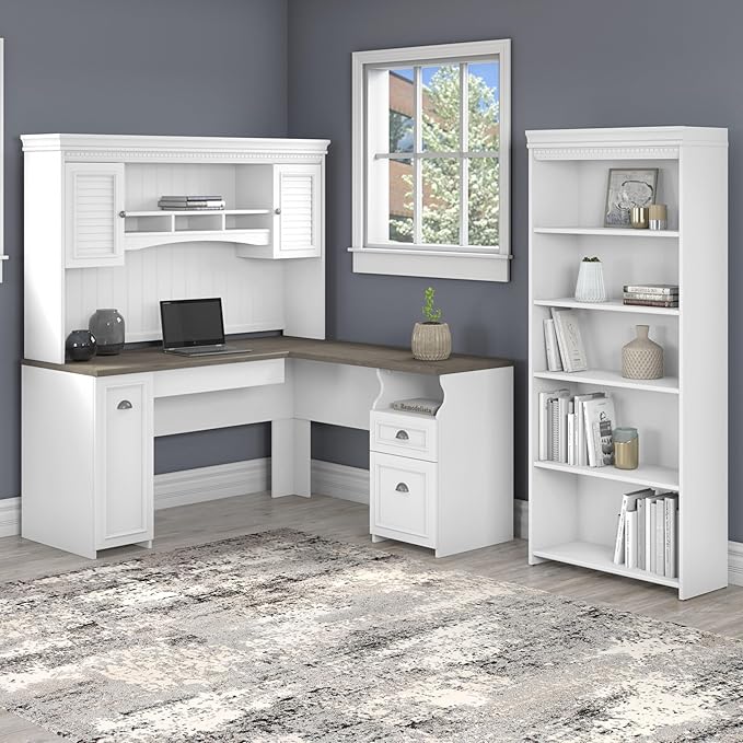 Bush Furniture Fairview L Shaped Desk with Hutch and 5 Shelf Bookcase, Shiplap Gray/Pure White