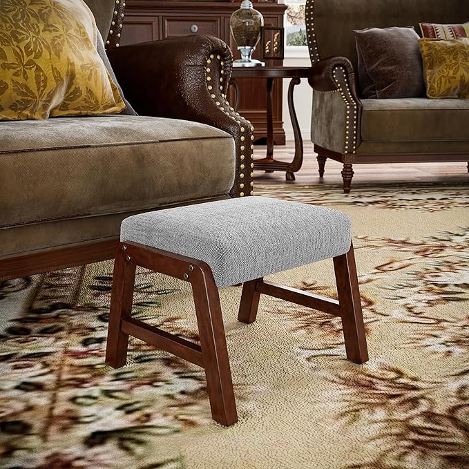 Small Footstool Ottoman, 11.8" H Fabric Wooden Foot Rest Ottoman with Wood Legs, Small Foot Stool Sofa Footrest Extra Seating for Living Room Entryway Office, Light Grey
