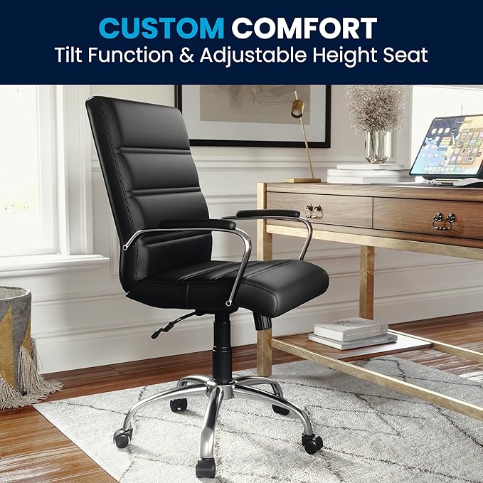 Flash Furniture Whitney Mid-Back Swivel LeatherSoft Desk Chair with Padded Seat and Armrests, Adjustable Height Padded Office Chair, Black