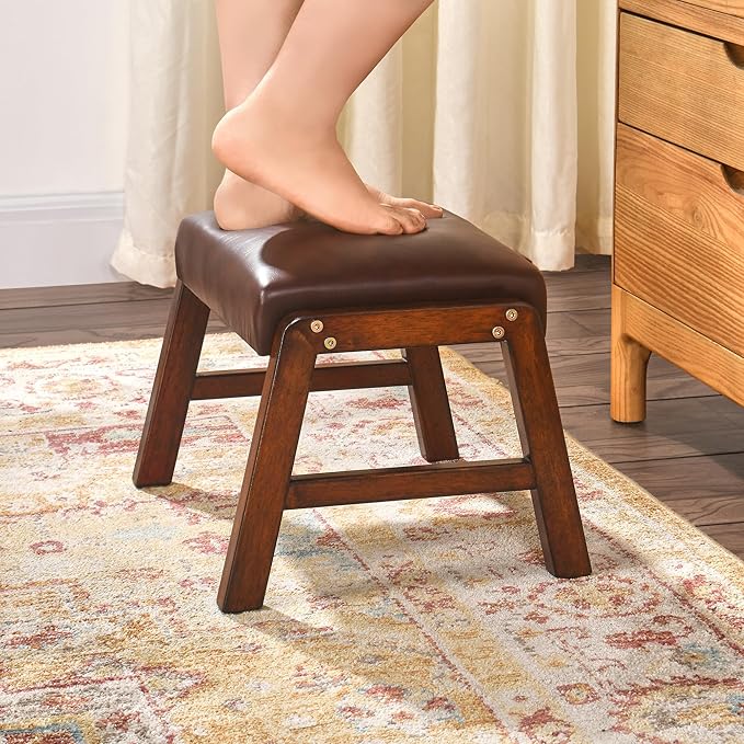Small Foot Rest Ottoman, 11.8" H PU Leather Rectangle Foot Stool with Non-Skid Wood Legs, Small Foot Step Footstool Sofa Footrest for Couch, Desk, Office, Wine Red