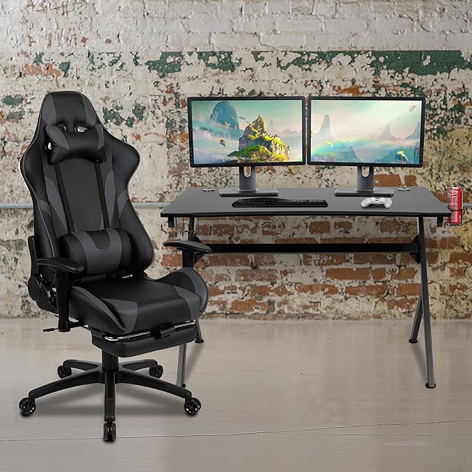 Flash Furniture Optis Black Gaming Desk and Gray Footrest Reclining Gaming Chair Set with Cup Holder, Headphone Hook & 2 Wire Management Holes