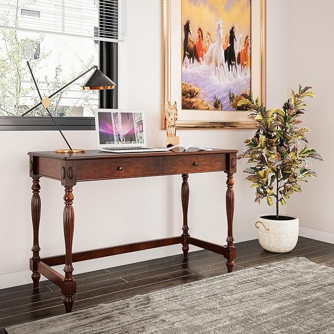 Vintage Wooden Writing Desk Stool Set, Large Secretary Desk and Cushioned Stool Set with 2 Drawers, 46" W Wood Writing Table Vanity Makeup Table Sets for Home Office-Cheery&Beige
