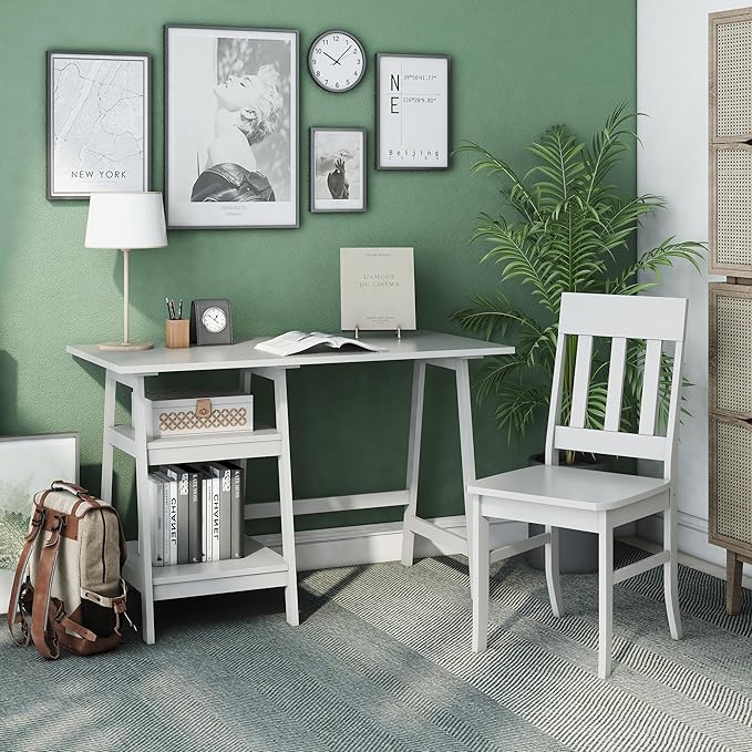 24/7 Shop at Home Myrrh Cottage 2-Piece Wood Storage Writing Desk with 2 Shelves and Chair Set for Workstation, Home Office, Study Room, White
