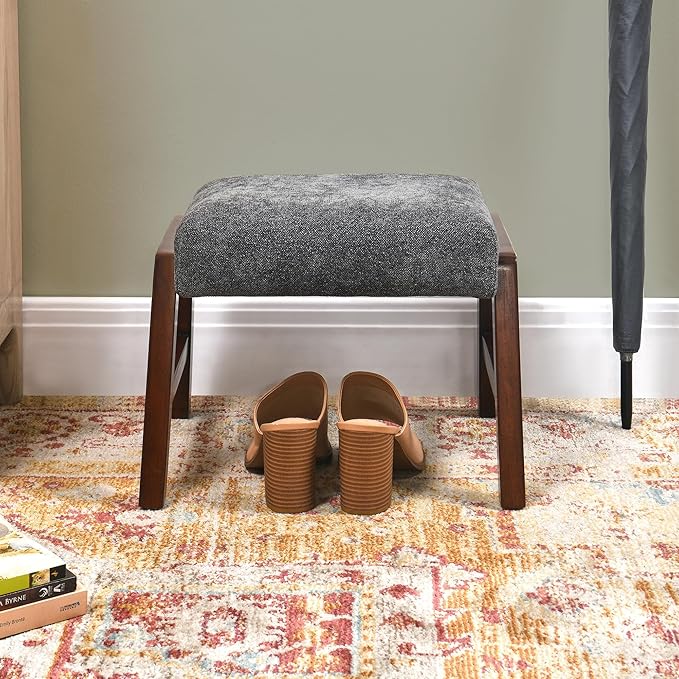 Small Footstool Ottoman, 11.8" H Fabric Wooden Foot Rest Ottoman with Wood Legs, Small Foot Stool Sofa Footrest Extra Seating for Living Room Entryway Office, Charcoal Grey