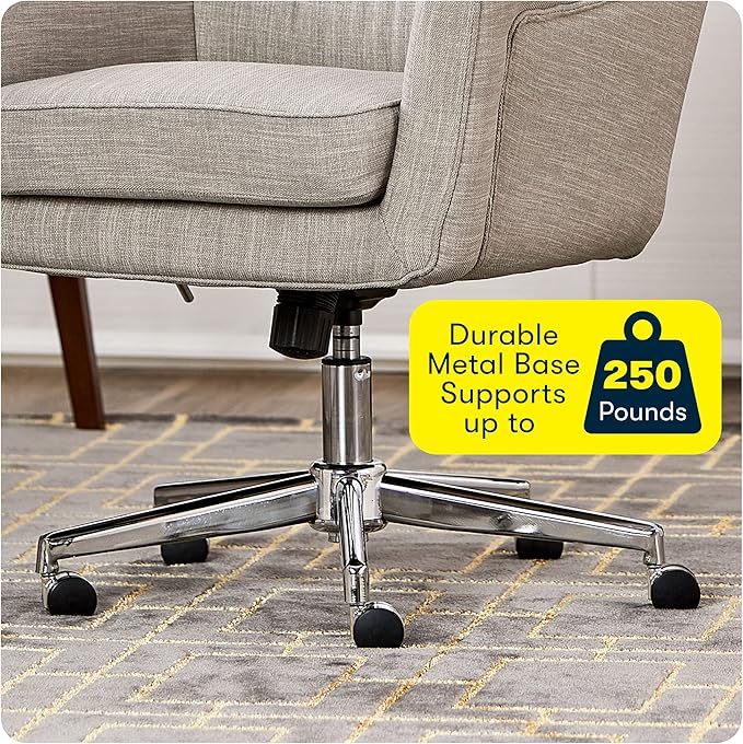 Serta Ashland Home Office Desk Chair with Button Tufted Mid-Back, Memory Foam Cushion and Padded Arms, Mid Century Modern Vanity Armchair with Wheels for Bedroom, Chrome Metal Base, Light Gray