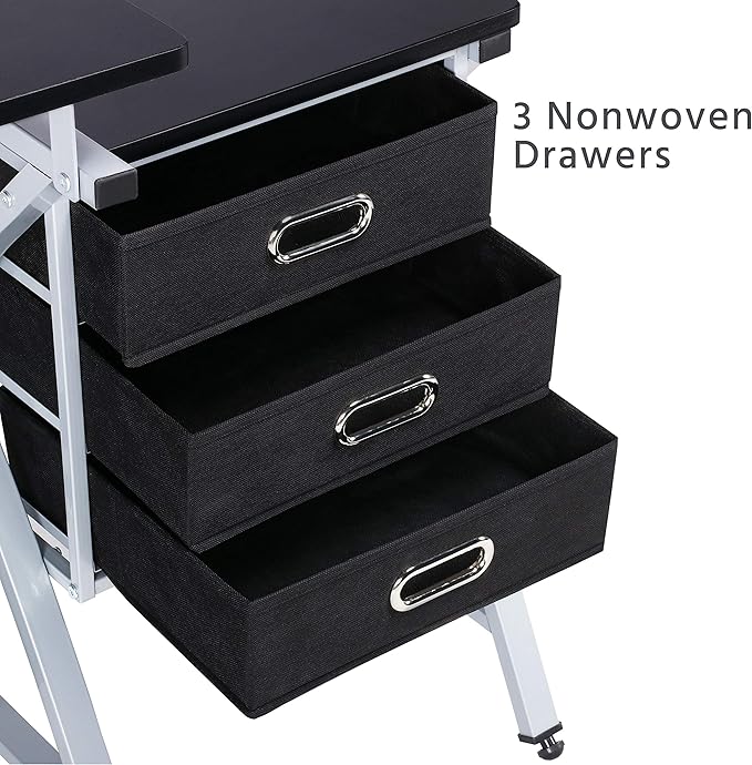 Topeakmart Drafting Tables, Draft Drawing Desk w/Stool and Tiltable Tabletop, 3 Storage Drawers, Reading, Writing Art Crafting Workstation, Black