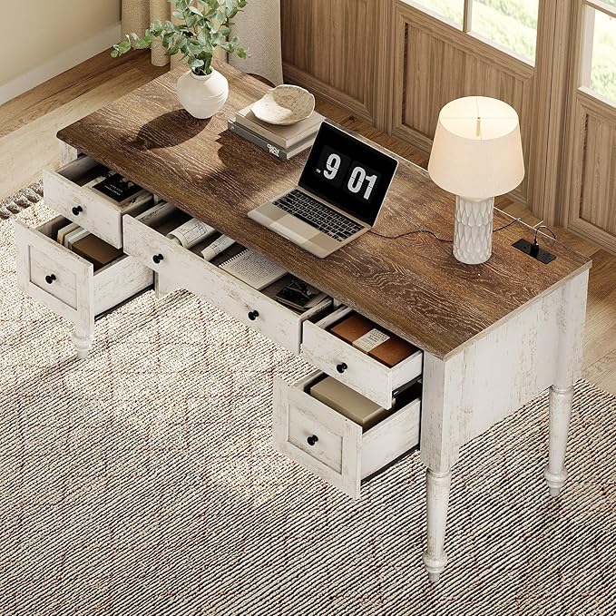 WAMPAT Home Office Furniture Set, 56" Executive Desk with Charging Station, 72" Tall Bookcase with 4 Glass Doors, Wood Computer Desk with File Cabinet Storage, Open Shelf, Rustic White