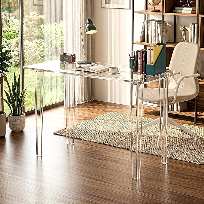 Acrylic Desk - Clear Acrylic Table, Modern Home Office Study Table, Extended Surface Multi-Purpose Console, Sturdy Lightweight Workstation for Small Spaces (Transparent-L)