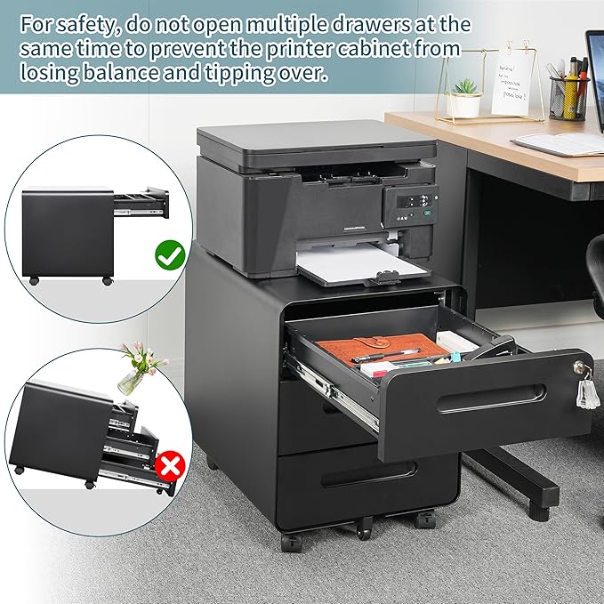 3 Drawer Under Desk Printer Stand with Lock, Mobile Rolling Printer Table for Home Office, Fully Pre-Assembled (Wheels Only to Attach), 4 Keys Included, Black