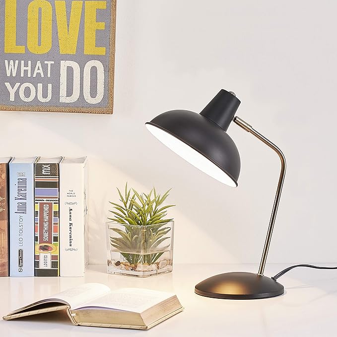 Light Society Black Retro Hylight Desk Lamp with Antique Brass Details, Mid Century Modern Vintage Style