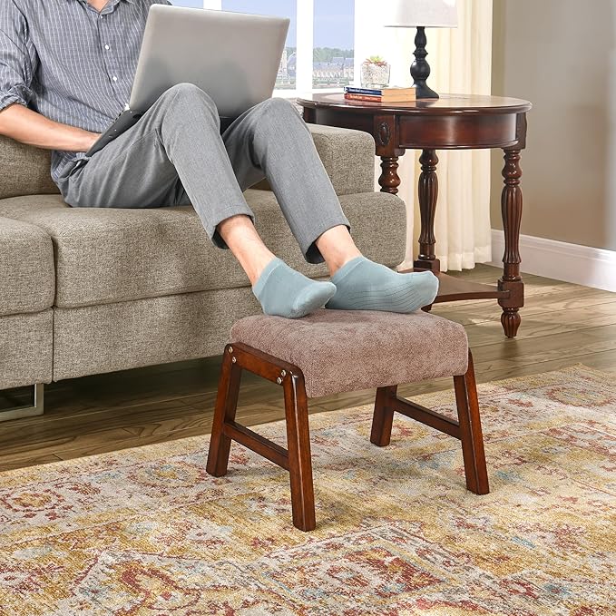 Small Footstool Ottoman, 11.8" H Fabric Wooden Foot Rest Ottoman with Wood Legs, Small Foot Stool Sofa Footrest Extra Seating for Living Room Entryway Office, Apricot