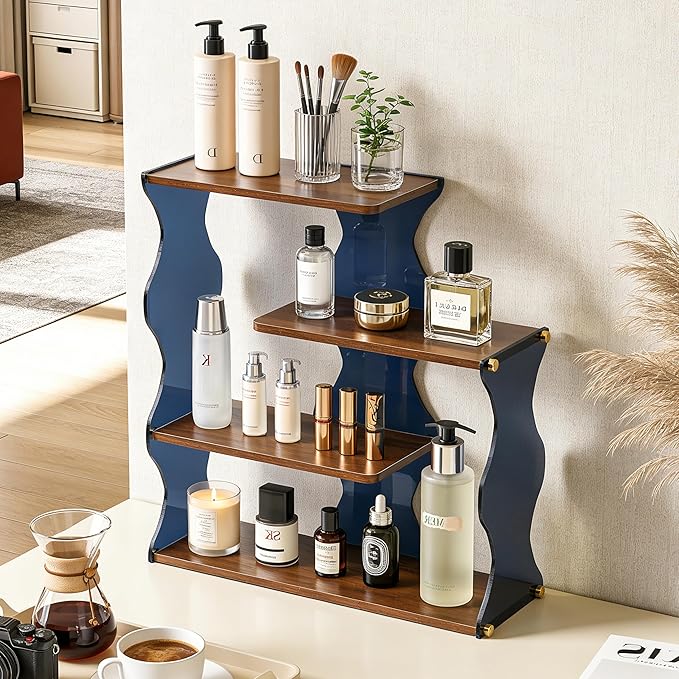 Acrylic Wave Perfume Organizer Shelf, 4-Tier Wood & Acrylic Desk Shelf Display for Perfume Storage, Modern Bathroom Counter Organizer for Cosmetics, Mugs and Small Decor