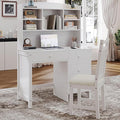 40" Home Executive Desk and Upholstered Chair Set with Bookshelf,Vintage Style Computer Desk with 4 Drawers & Storage Shelf,Study Set for Office, Bedroom or Living Room (White)