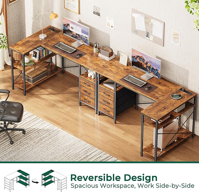 Huuger L Shaped Office Desk with Power Outlets, 47 Inch Computer Desk with 3 Drawers, Shelves, for Gaming, Corner Work, Home Office, Study, Rustic Brown