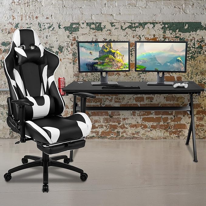 Flash Furniture Optis Gaming Desk and Black Footrest Reclining Gaming Chair Set - Cup Holder/Headphone Hook/Removable Mouse Pad Top/Wire Management